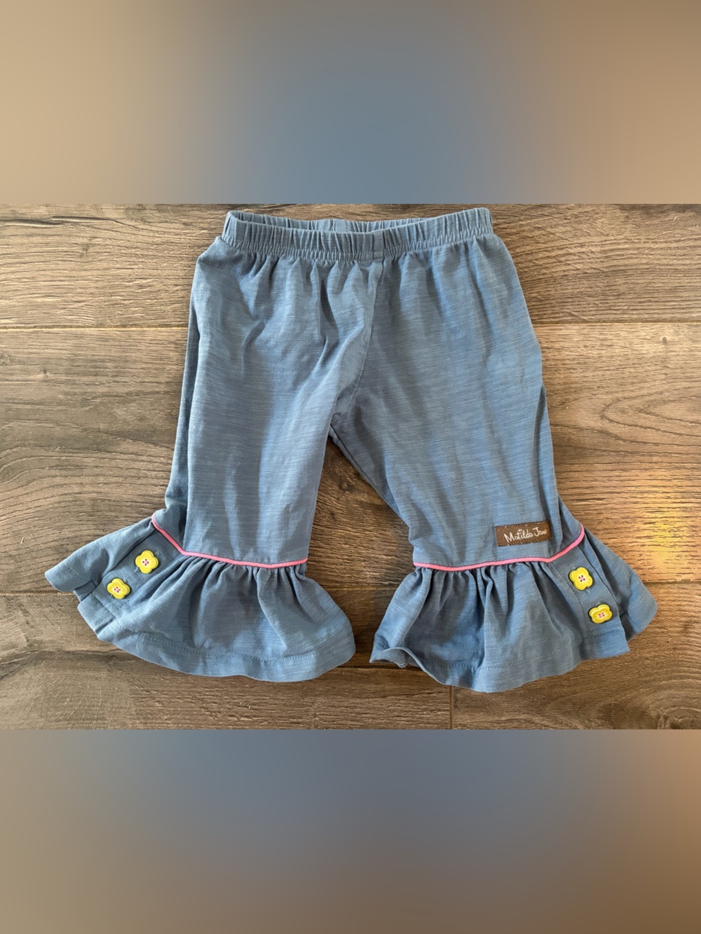 Matilda Jane Blue Ruffled Baby Pants with Yellow Button Accents